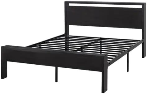 14 Inch Queen Size Metal Platform Bed Frame with Wooden Headboard and Footboard, MattrFoundation, No