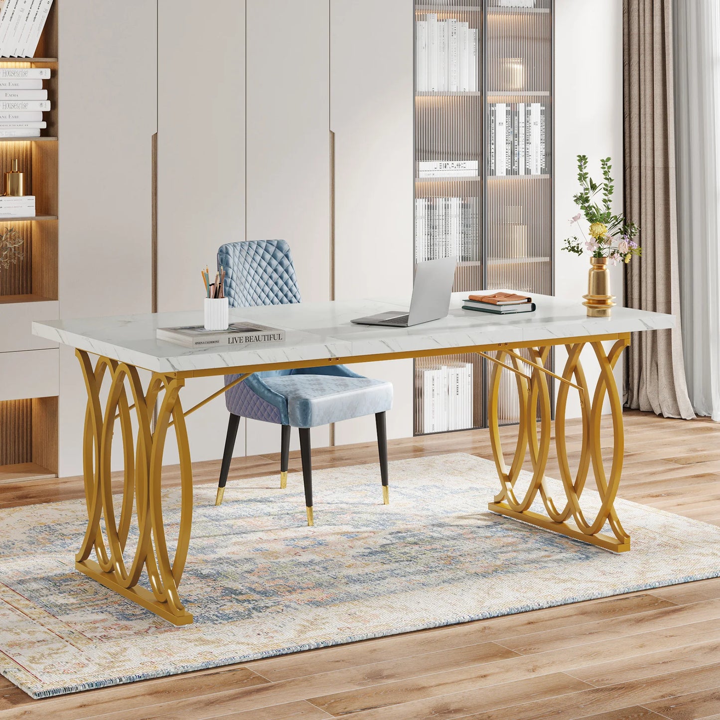 Tribesigns Modern Office Desk, 70.9" Wooden Computer Desk,Executive Desk with Gold Metal Legs, Large Workstation Home Office