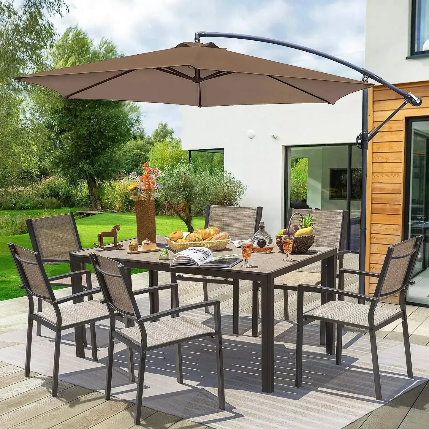 HOT-Patio Dining Set 7 Pieces Outdoor Furniture with Large Table and 6 Textilene Chairs for Porch, Brown