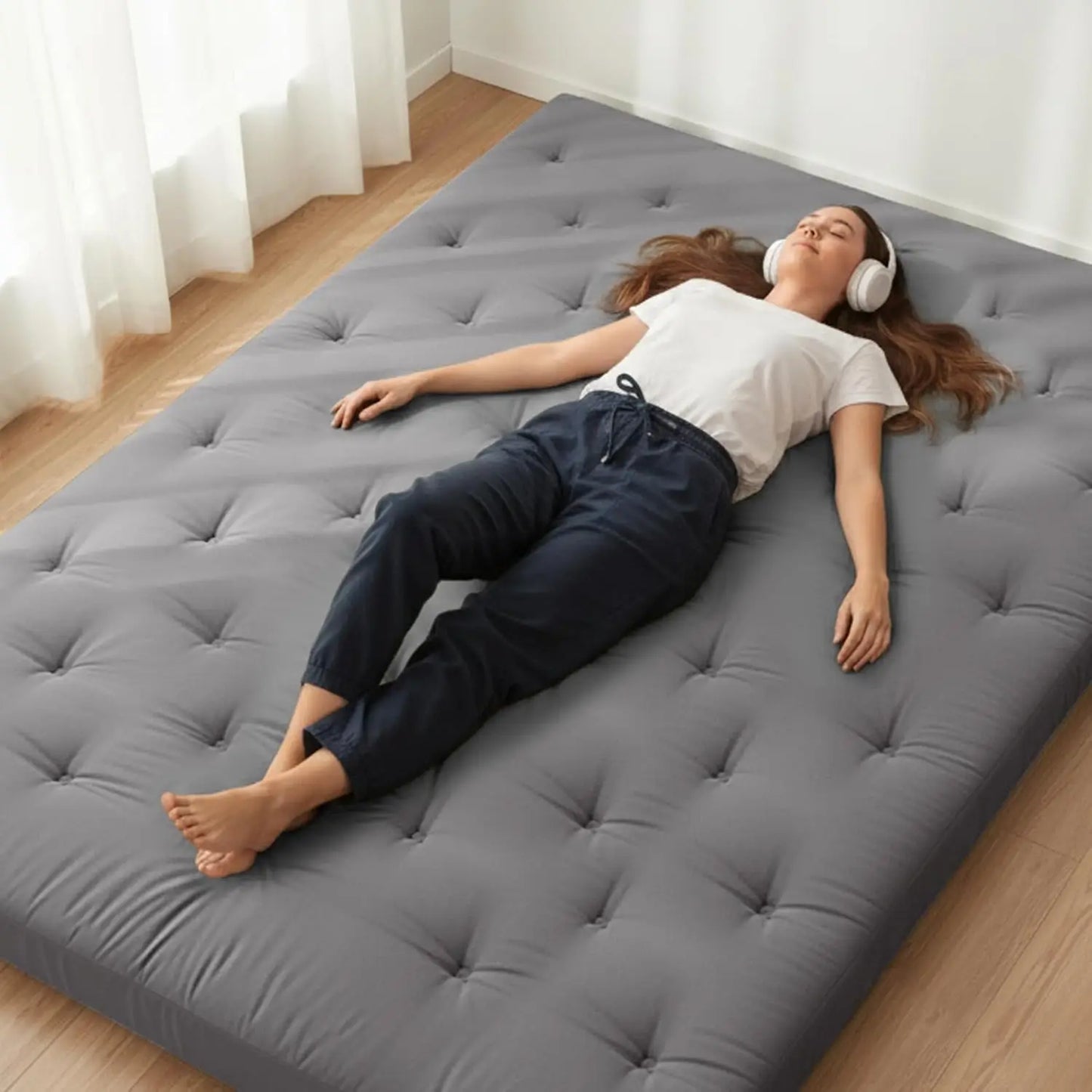 Japanese Floor Futon Mattress Queen Size 80x60 Inches, 100% Cotton Cover, Foldable Tatami Mat for Portable Sleeping