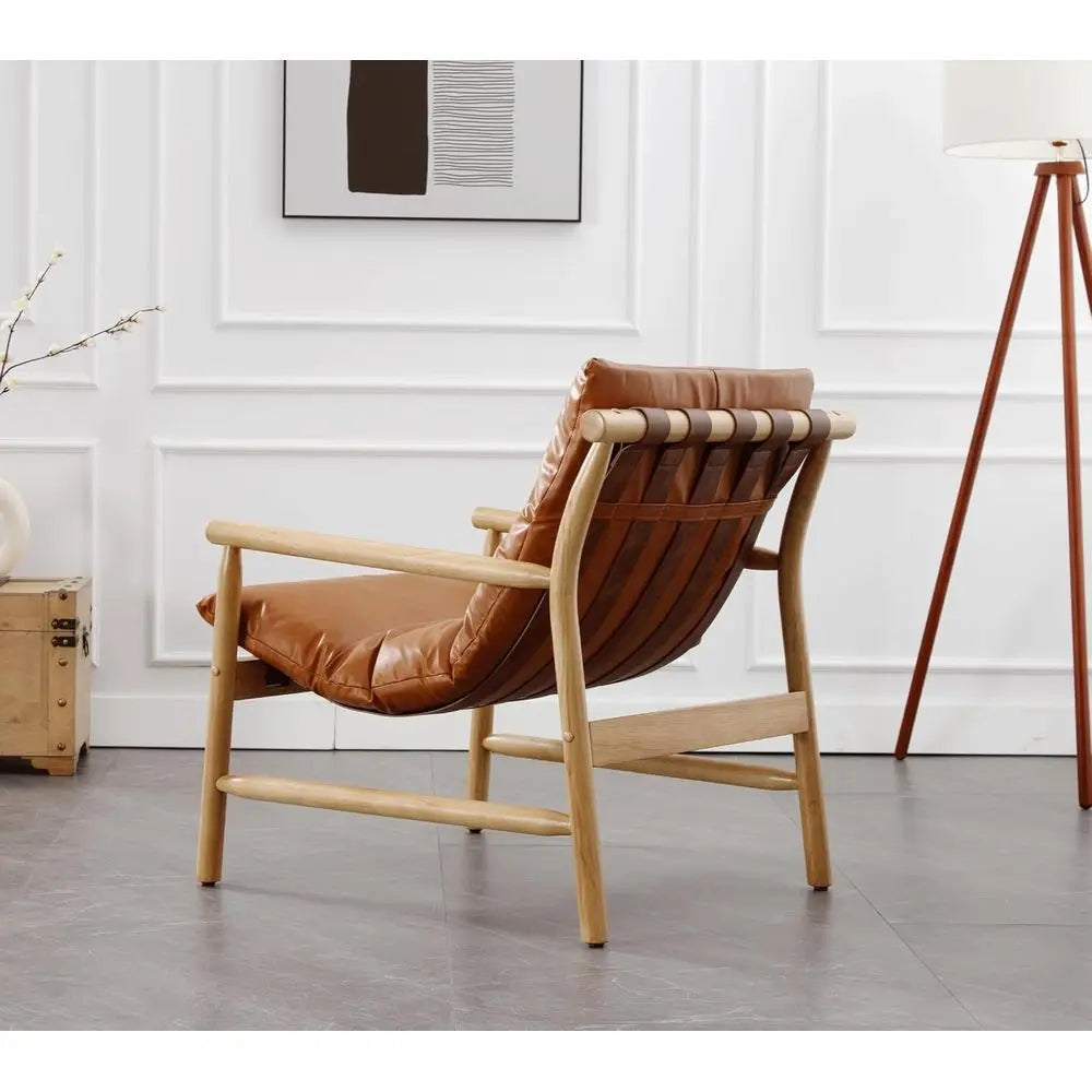 Mid-Century Modern Faux Leather Armchair, Comfortable Wood Frame Lounge Chair for Living Room, Cozy Recliner in Brown