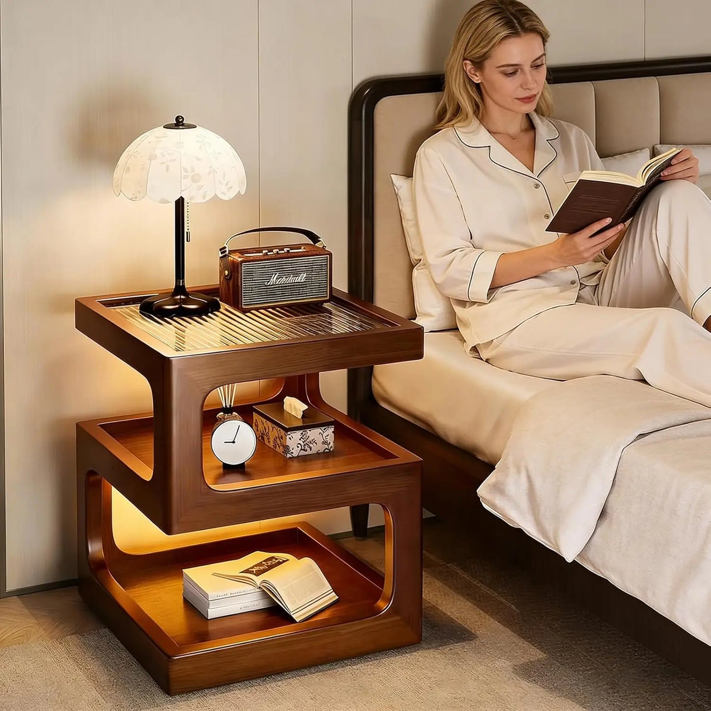 Solid Wood Nightstand with LED Light, Modern 3 Tier Bedside Table with Open Storage, Small Side Table for Bedroom, Customized