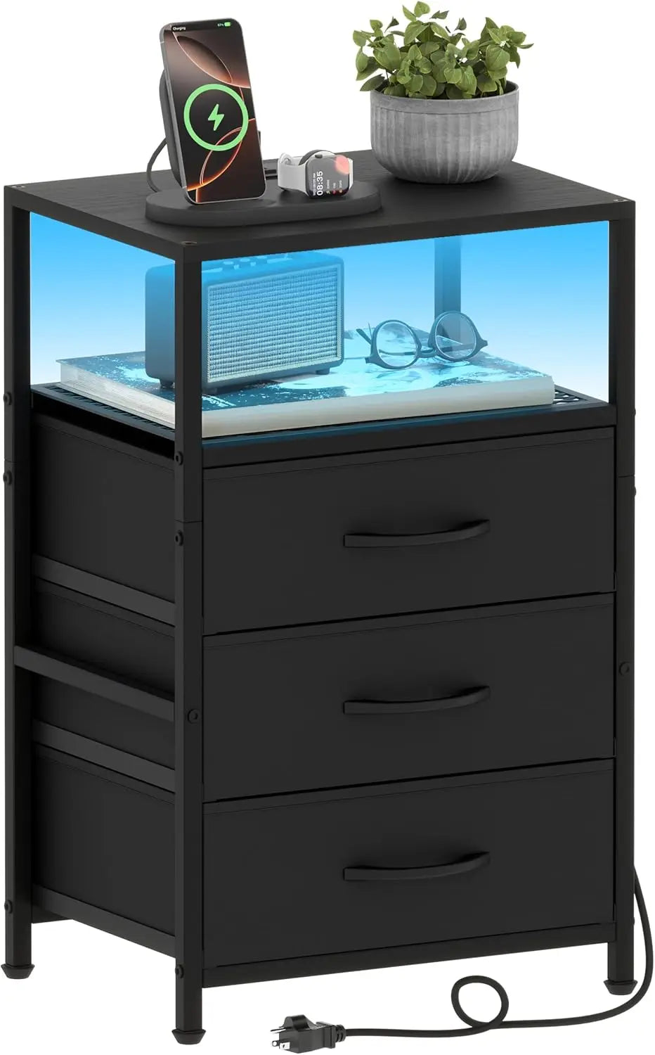 LED Nightstand with Charging Station, 3 Drawers & Open Shelf, RGB Lights Sync to Music, Black