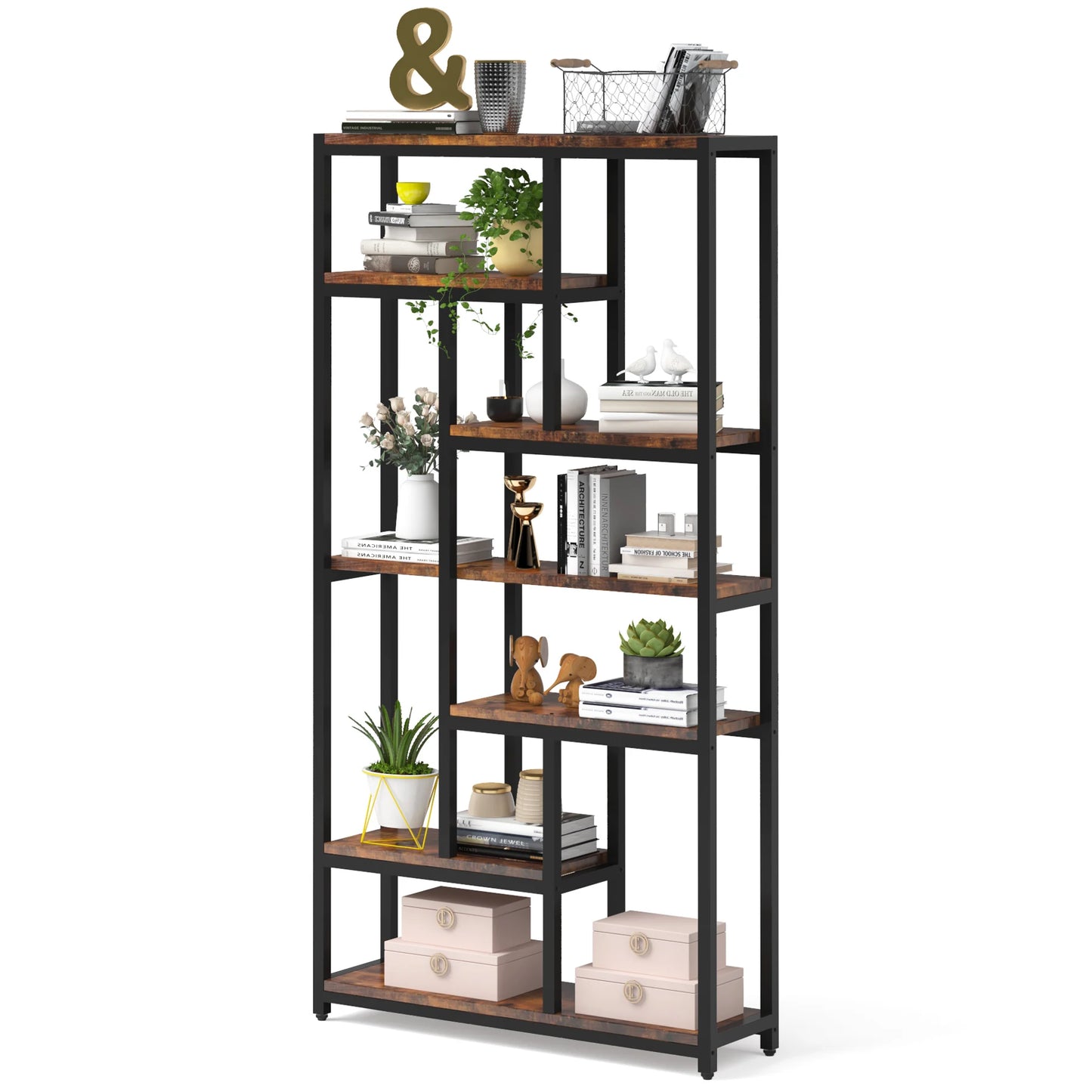 Tribesigns Modern 8-Tier Staggered Bookcase -, Wide Wood Etagere Shelving Unit