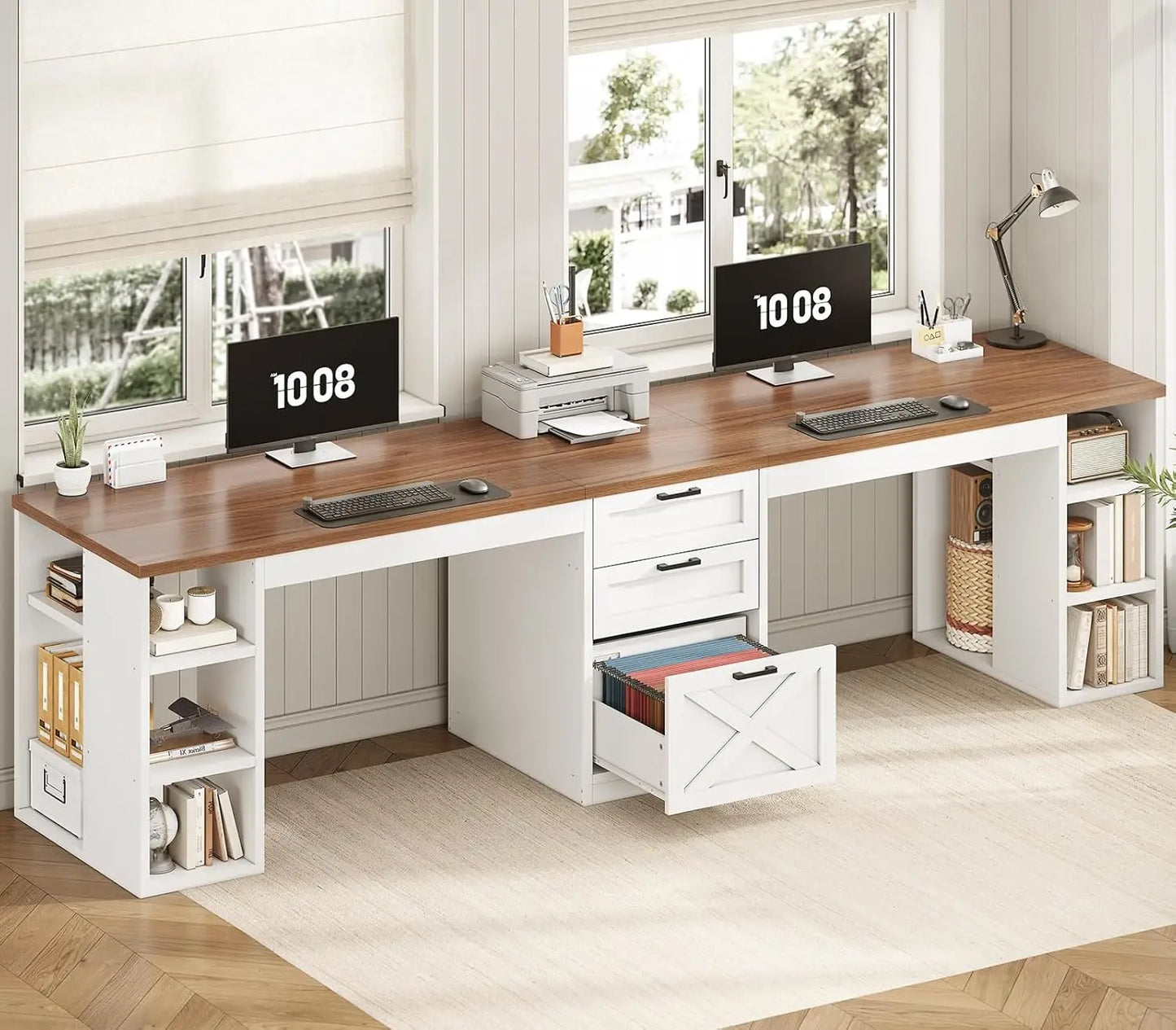 96.5" Computer Desk with Drawers,2 Person Home Office Desk,Gaming Double Desk with Storage Shelves, Long Two Person Writing Desk