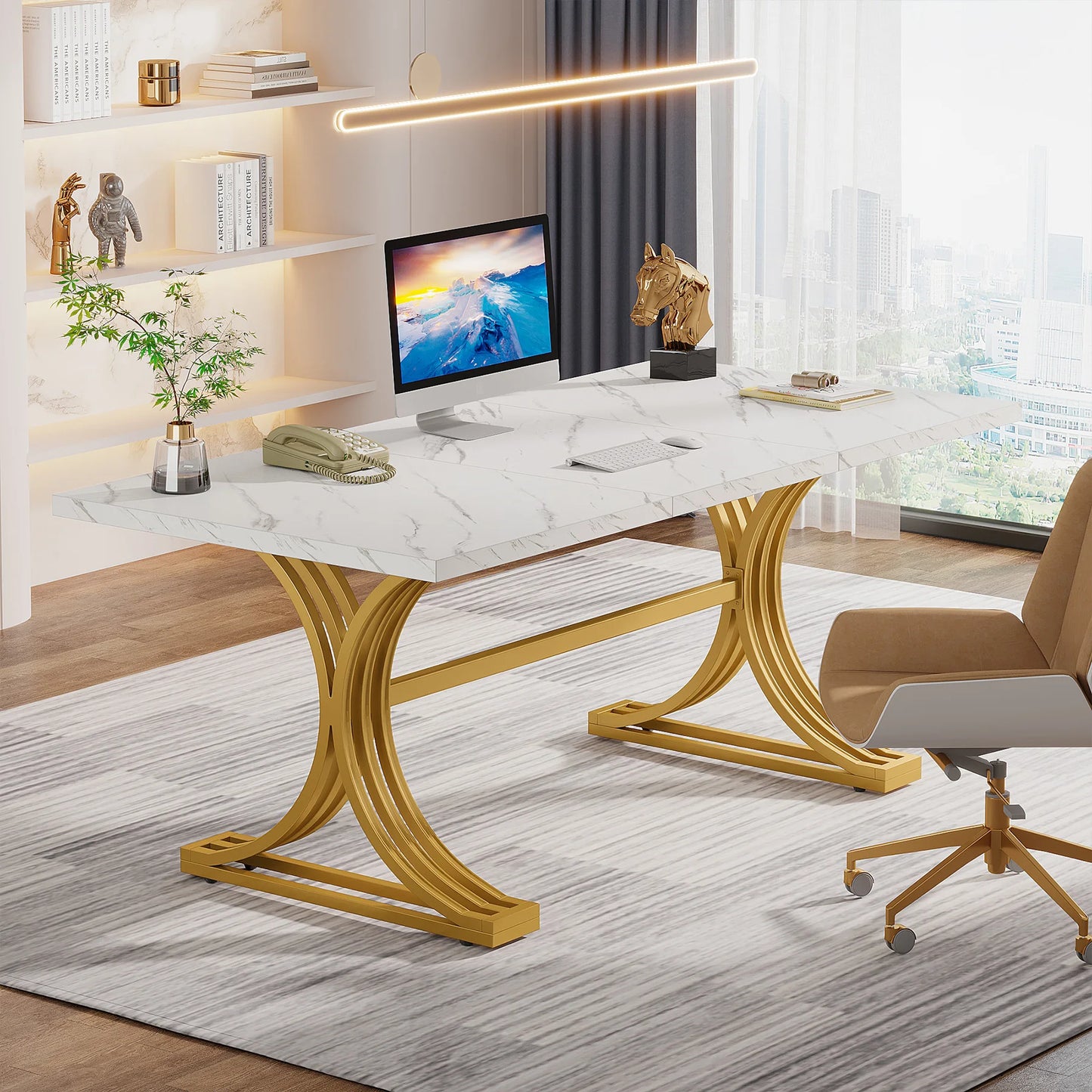 Tribesigns Modern Office Desk, 70.9" Wooden Computer Desk,Executive Desk with Gold Metal Legs, Large Workstation Home Office