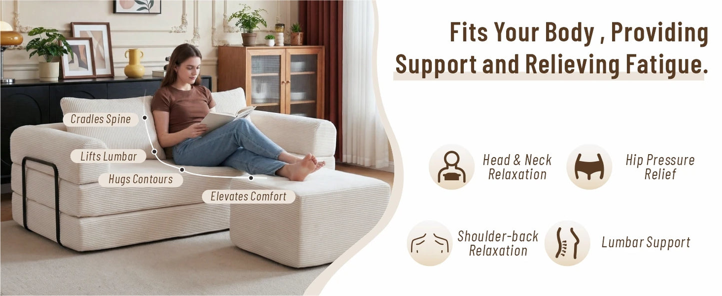 78" Modular Corduroy Sofa Bed with Ottoman, 5in1 Folding Floor Mattress Couch,Sleeper Sofa with Fixed-Shape Frame,Futon Sofa Bed