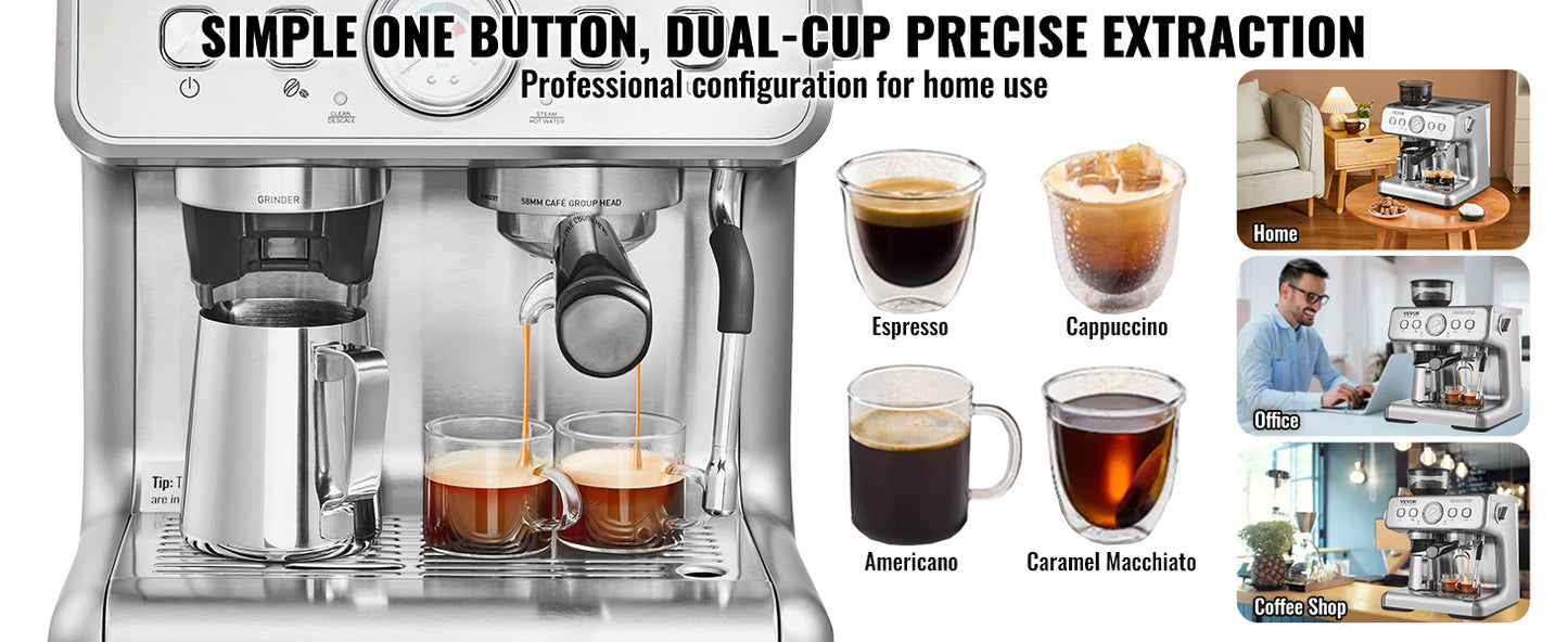 SucceBuy Espresso Machine with Grinder 15 Bar Semi-Automatic Espresso Coffee Maker with Milk Frother Steam Wand