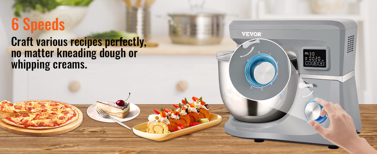 SucceBuy 5 IN 1 Stand Mixer Multifunctional Electric Mixer with 6 Speeds LCD Screen Timing 7.4 Qt Stainless Bowl Dough Hook